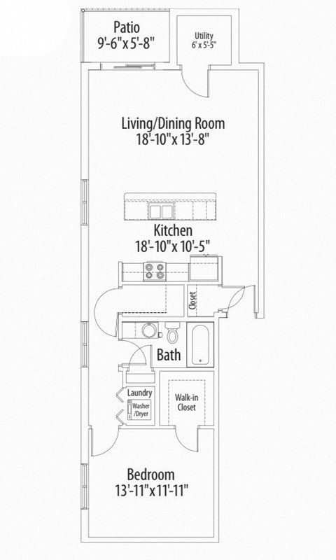 Floor plan for 1 bed, 1 bath, 886 sqft